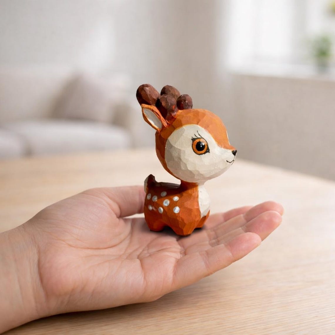 Wooden Deer Figurine Desk Decor, Small Animal Tabletop Display